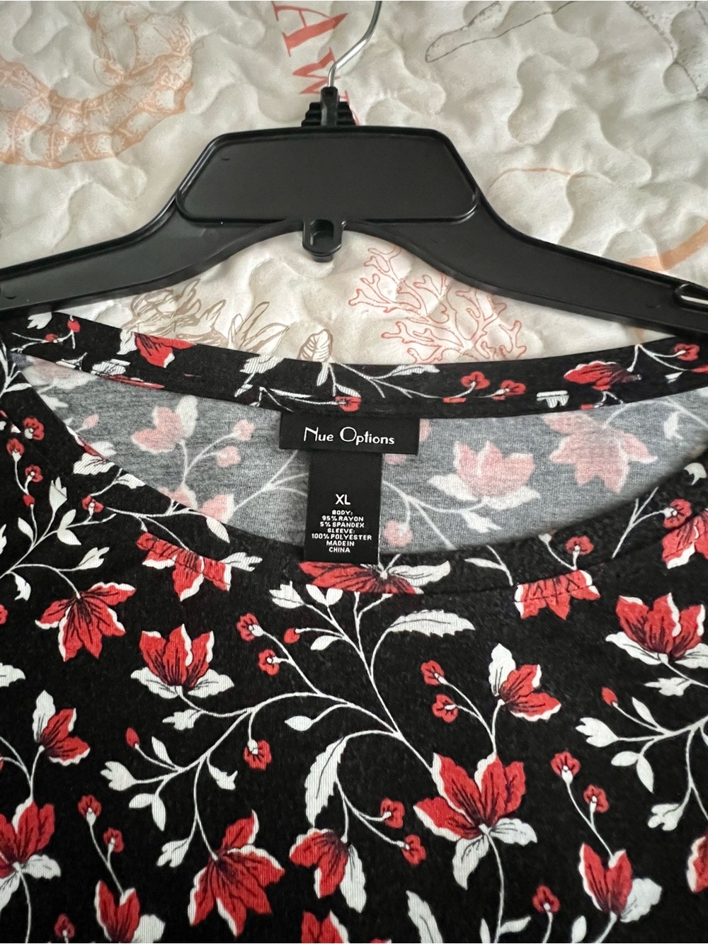 Nue Options Black Floral Top with Red and White Print